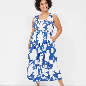 Lane Bryant Blue and White Smocked Bodice Midi Dress Size 26/28